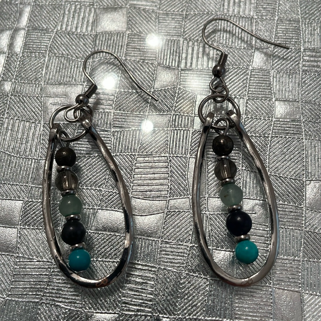 Silver French Wire Hoop Earrings With 5 Beads Not Branded